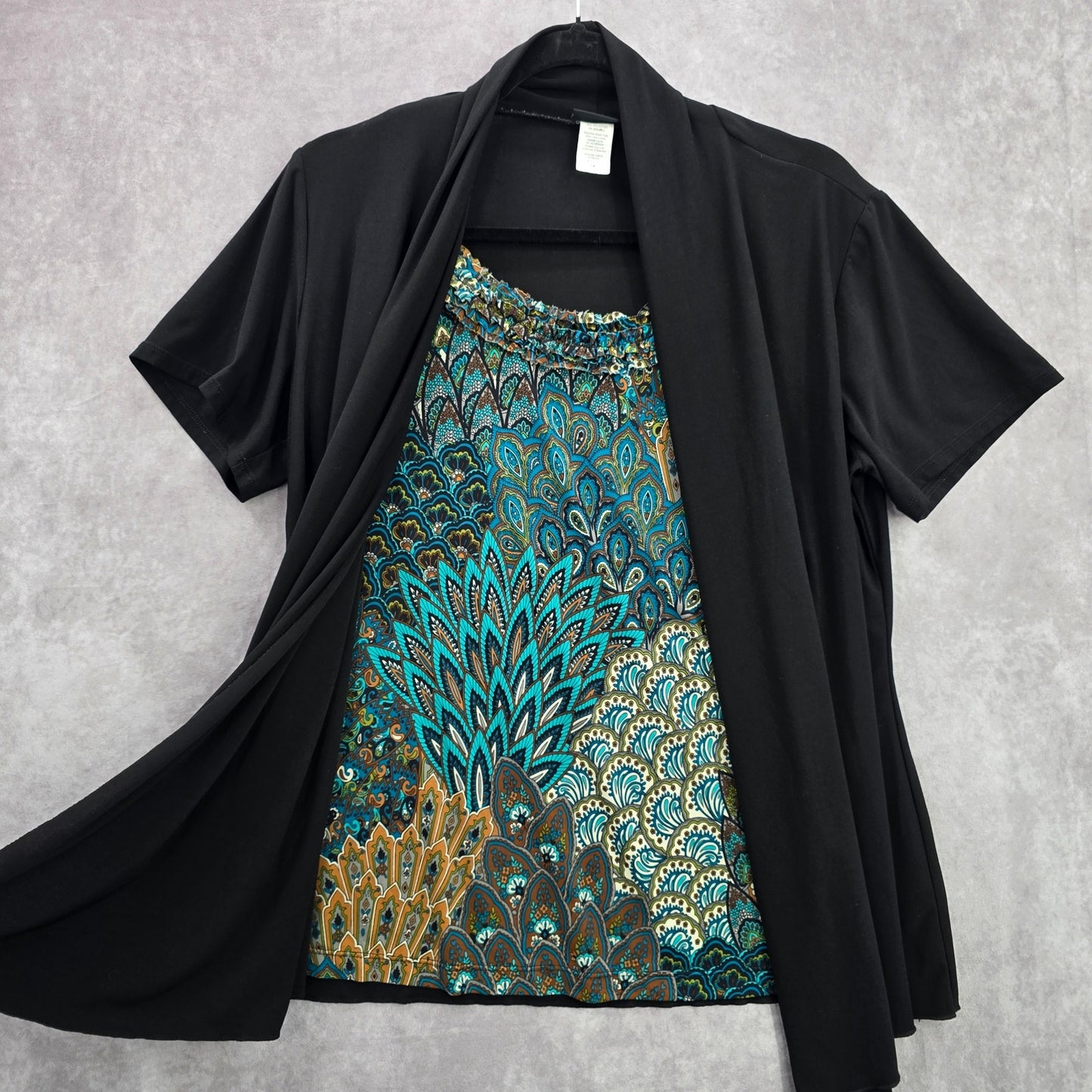 Perception Women Black Green Floral Ruffle Jacket Top Short Sleeve Plus 1XL
