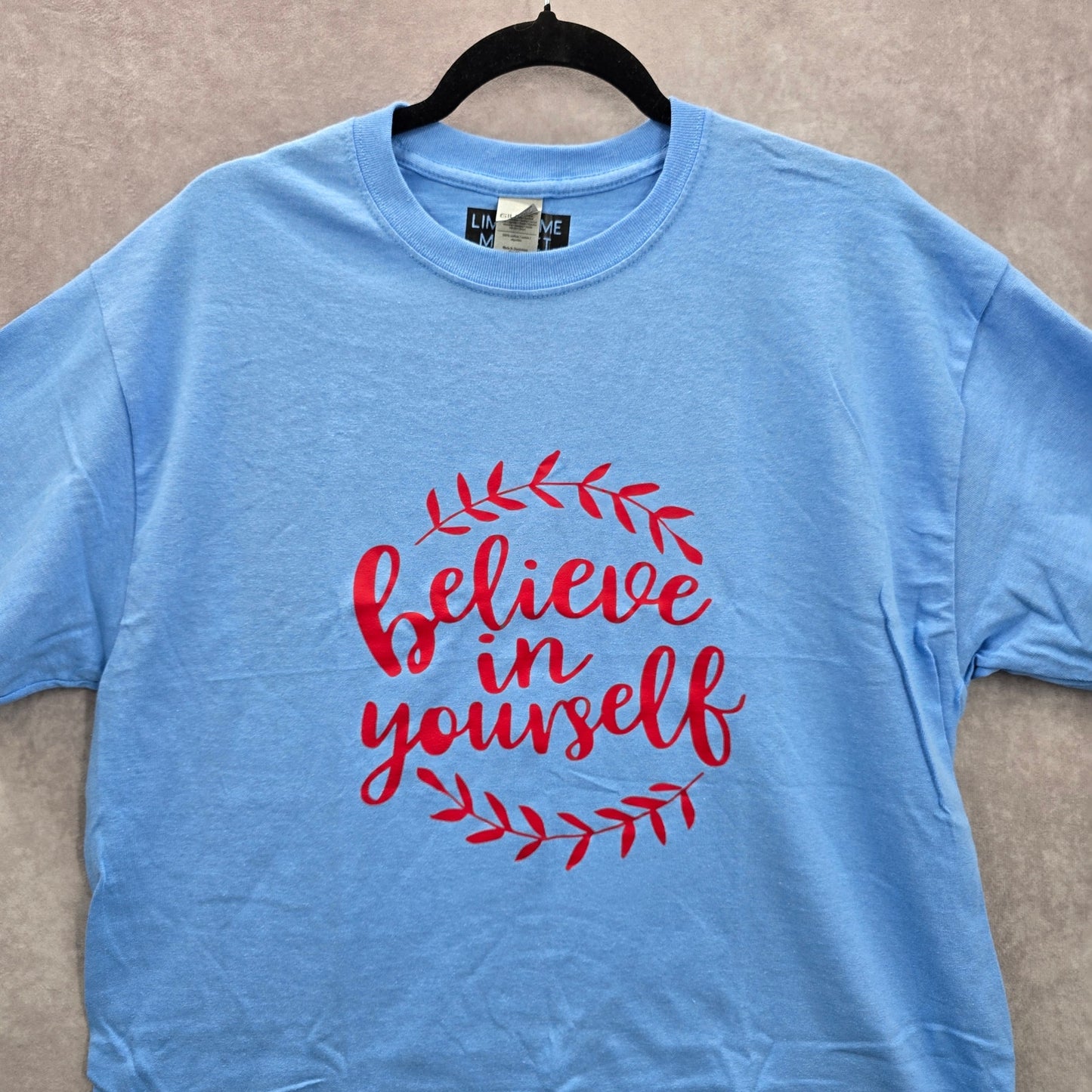 Believe in Yourself Blue Boho Leaf Handmade Red Cotton Tshirt Large
