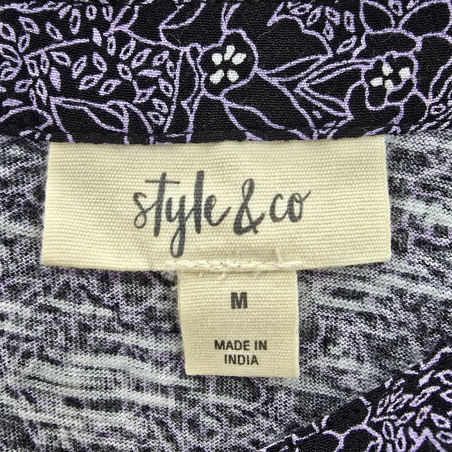 Style & Co Purple Black Floral Long Sleeve Flare Top Shirt Blouse Medium