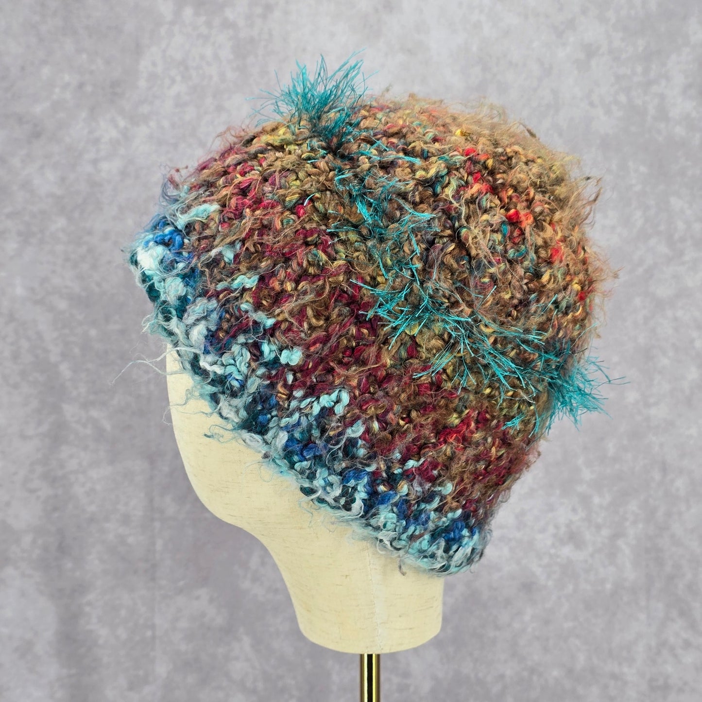 Blue Funky Vintage Y2K Bucket Beanie Skater Brown Fringe Knit Crochet Whimsy Hat