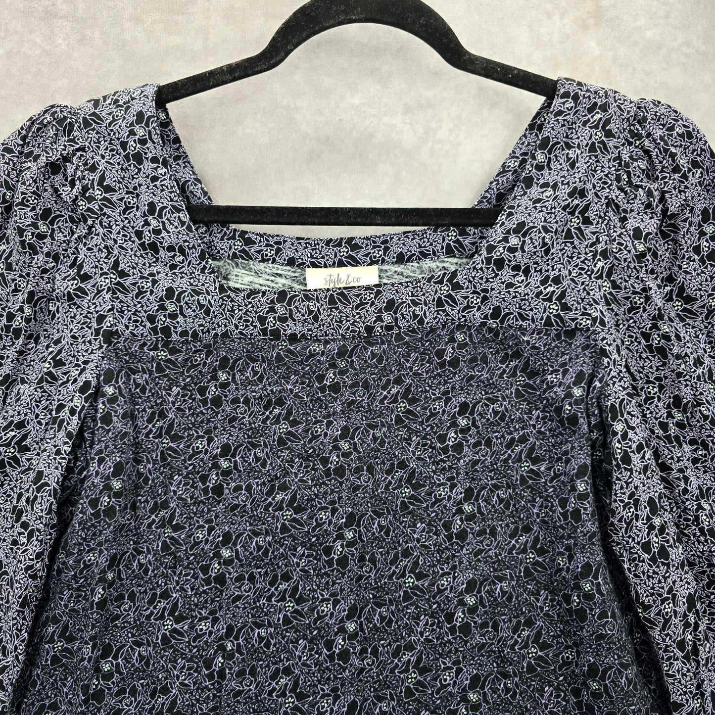Style & Co Purple Black Floral Long Sleeve Flare Top Shirt Blouse Medium