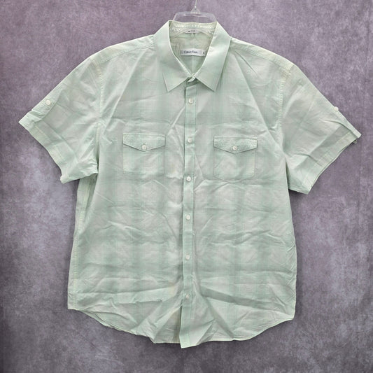 Calvin Klein Green Cotton Mens Button Down Short Sleeve Cotton Plaid Shirt XL