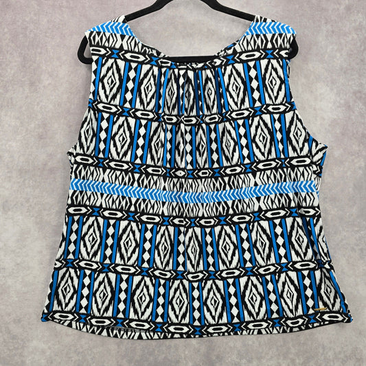 Calvin Klein Blue Black Print Sleeveless Pleated Stretch Top Blouse Plus 2XL