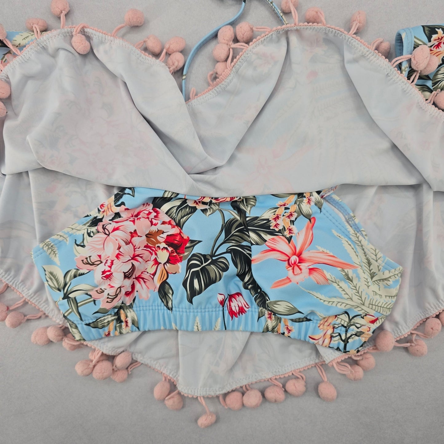 Blue Floral Bra Halter Cold Shoulder Beach Boho Bikini Bralette Swim Top S Small