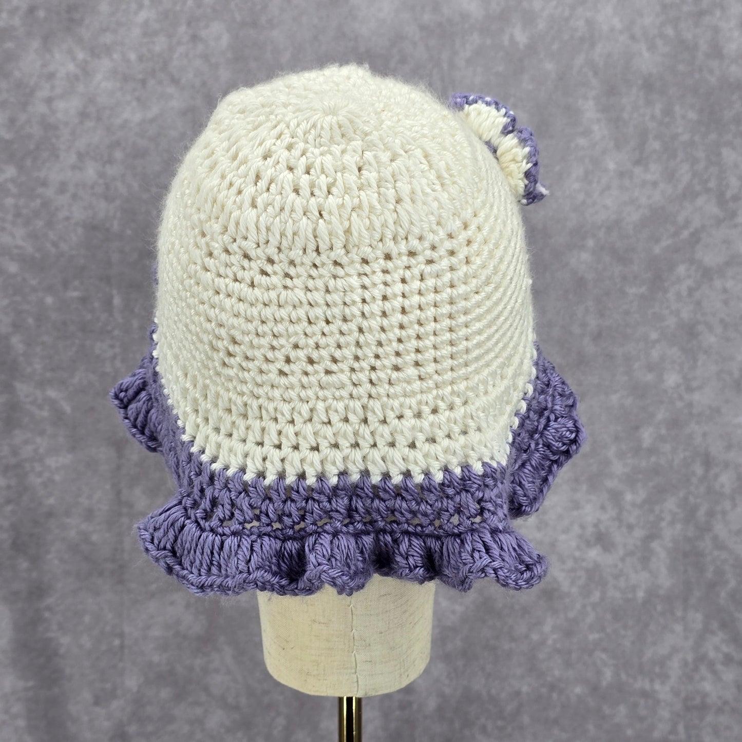 Vintage Y2K Crochet Festival Kawaii Purple White Knit Beanie Floral Funky Hat