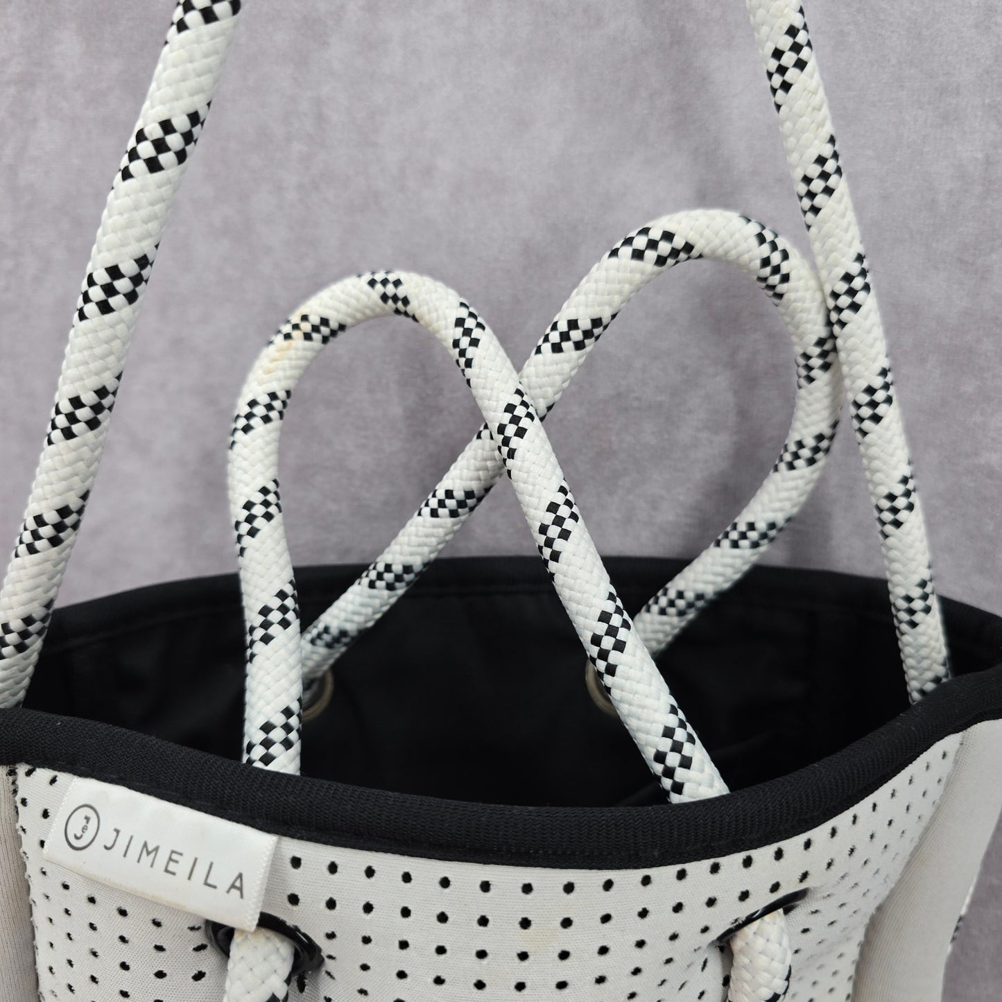 Jimelia White Black Neoprene Rope Small Crossbody With Zipper Pouch