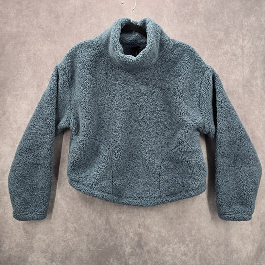 All In Motion Pullover Blue Fuzz Plush Sweater Cardigan Long Sleeve Short Medium