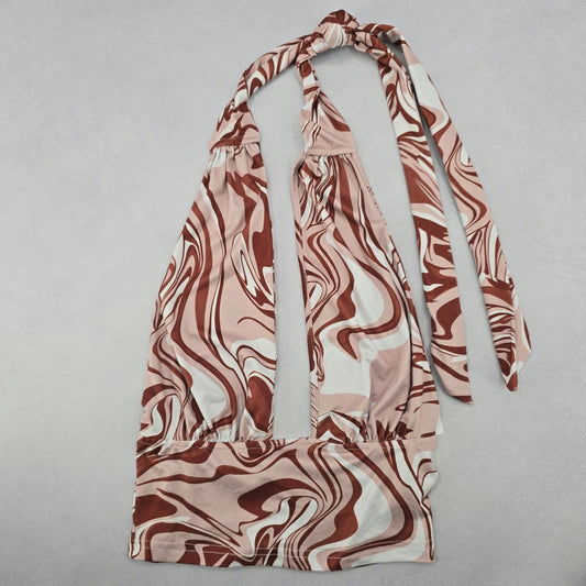 Brown Swirl Beach Boho Halter Tie Crop Short Bikini Bralette Swim Top S Small