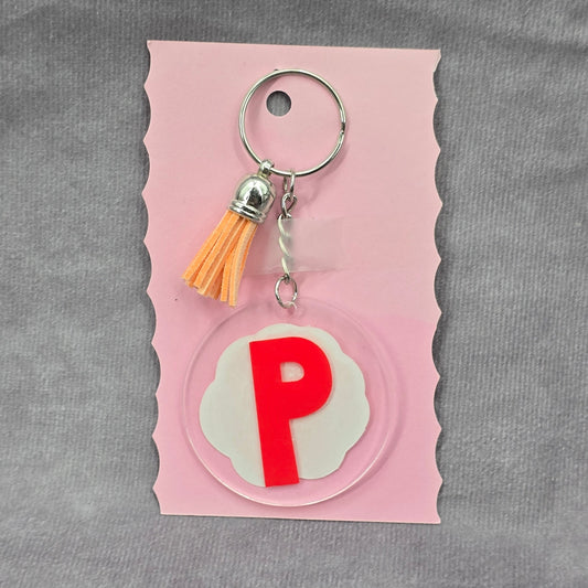 Letter Keychain Clear Silver Circle Handmade Acrylic Tassel Flower P Orange