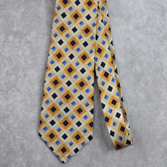 Crazy Horse Gold Blue Diamond Weave Geometric Executive Silk Neck Tie Men's