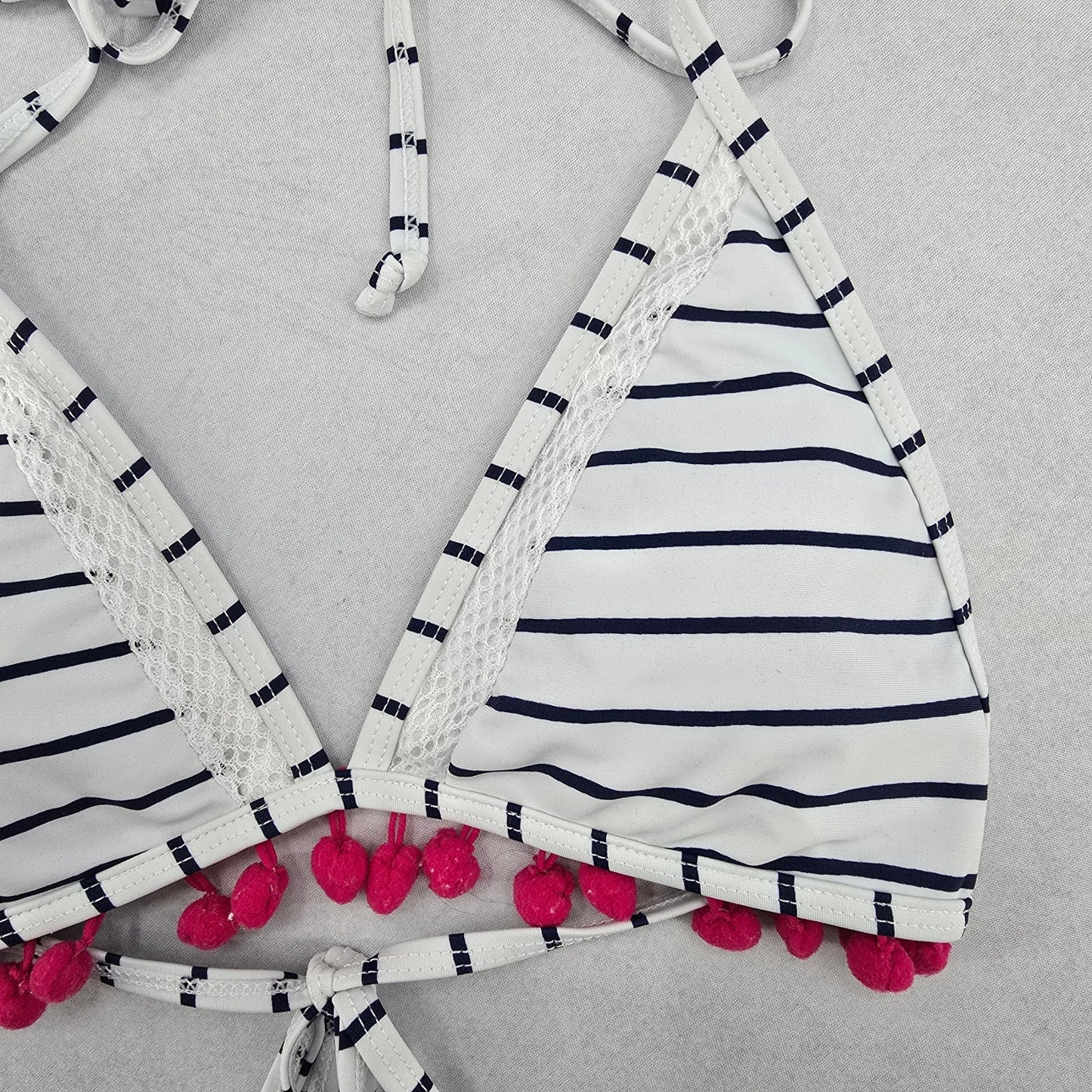 White Stripe Boho Pink Halter Tie Swim Sports Bra Beach Bikini Top M Medium