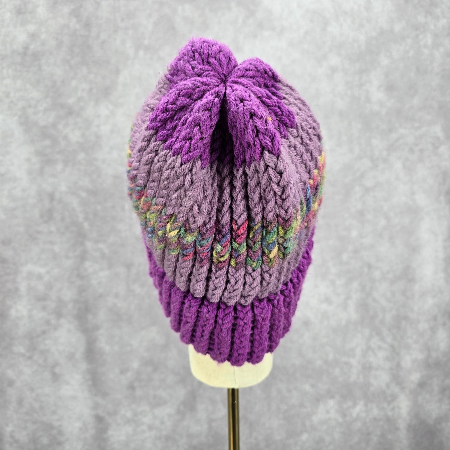 Purple Multi Color Crochet Knit Bucket Cap Hat Fun VTG Y2K Funky Beanie