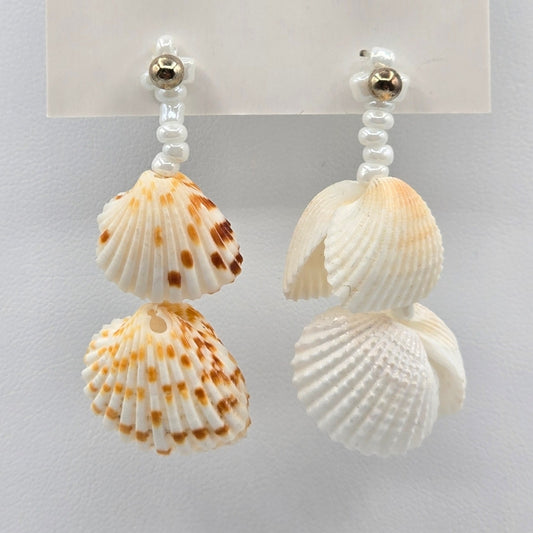 Sea Shell White Bead Drop Boho Cottage Dangle Stud Earrings Fashion Jewelry