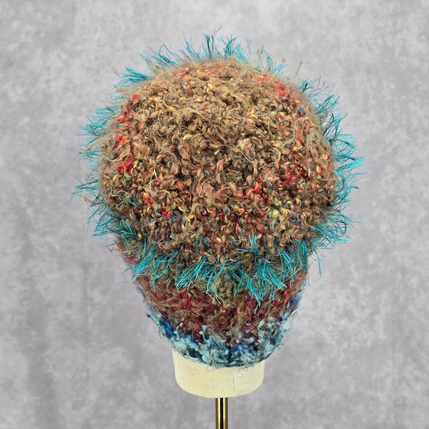 Blue Funky Vintage Y2K Bucket Beanie Skater Brown Fringe Knit Crochet Whimsy Hat