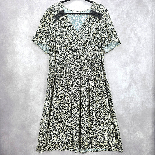 Luxology Black White Floral Flare V Neck Midi Short Sleeve Lace Dress Plus 3XL