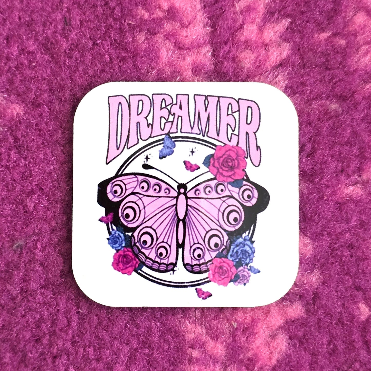 Dreamer Butterfly Flowers Pink Handmade Square Refrigerator Magnet