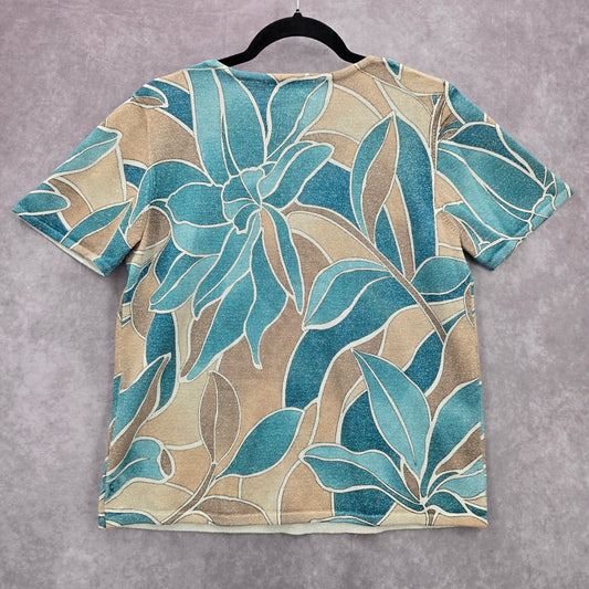 Alfred Dunner Blue Floral Short Sleeve Cotton Beaded Shirt Top Petite Medium