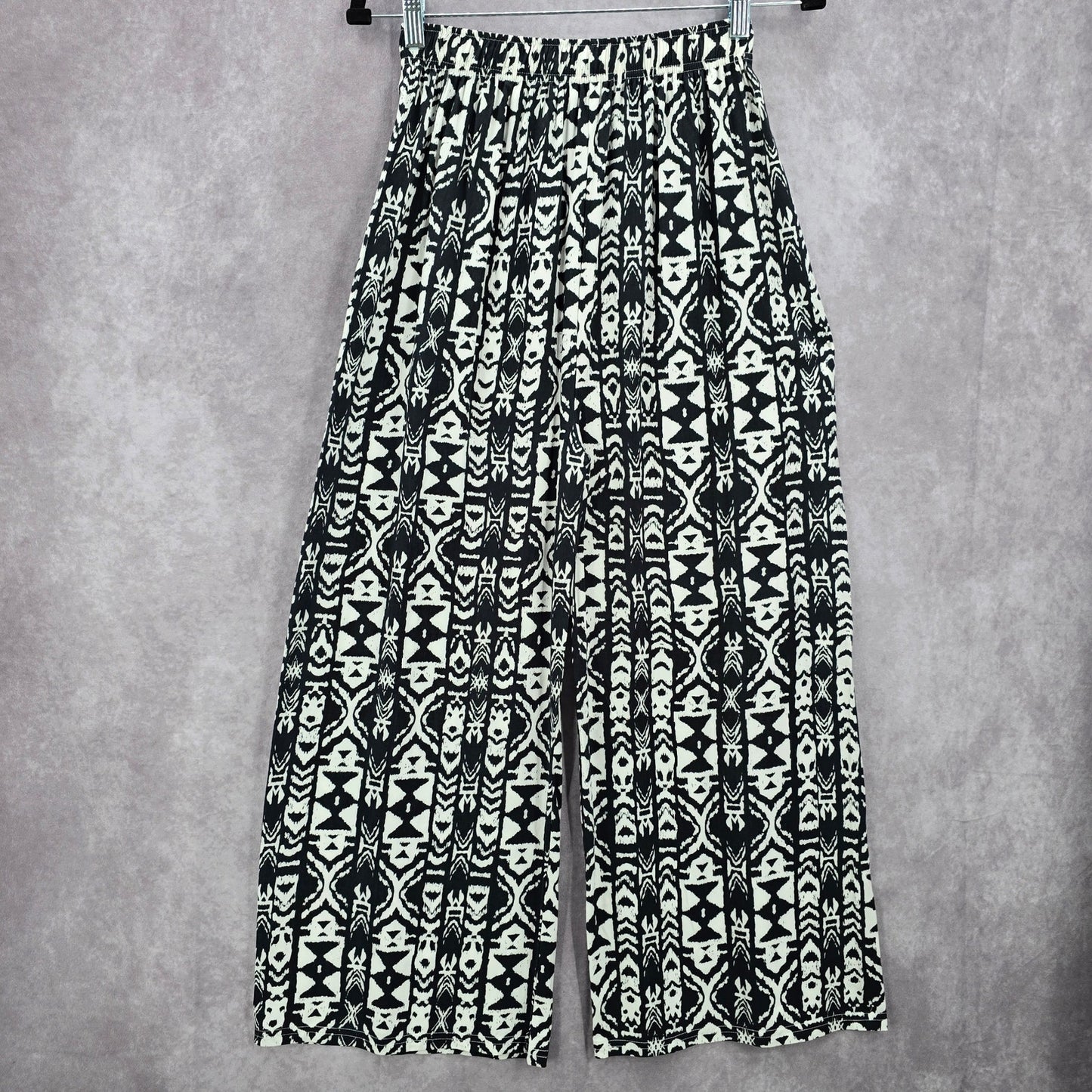 Black White Wide Leg Pullon Boho Beach Funky Print Bottoms Pants Medium
