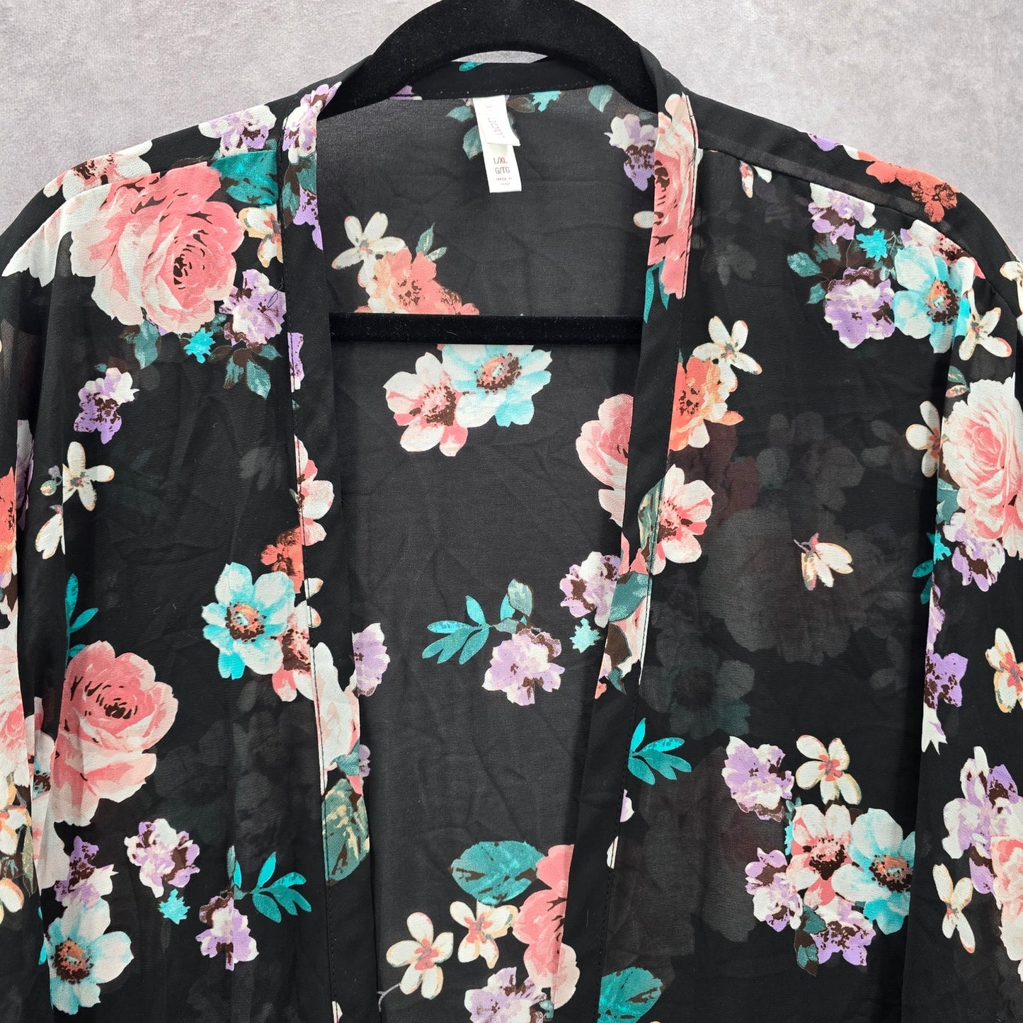 Xhilaration Black Floral Sheer Boho Flowy Beach Swim Cover Up Duster Kimono L/XL