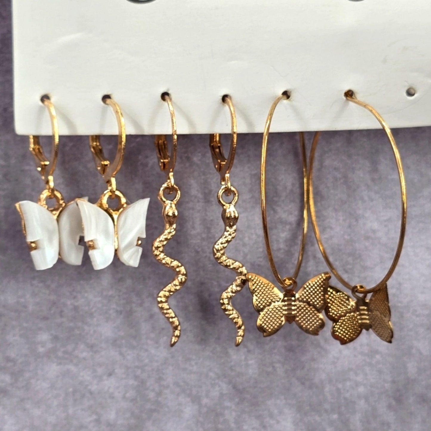 Gold Butterfly Snake Set of 4 Hoop Dangle Long Earrings Fashion Jewelry JB2-4