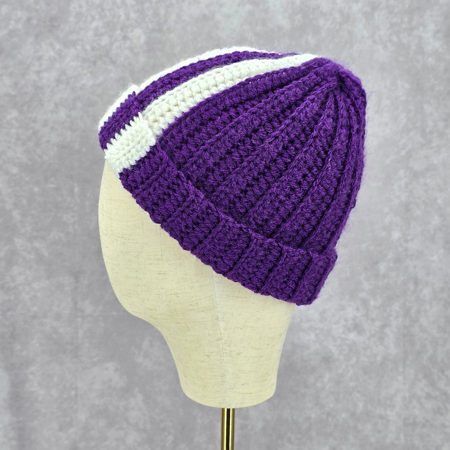 Purple White Stripe Crochet Knit Bucket Cap Hat Fun VTG Y2K Funky Beanie