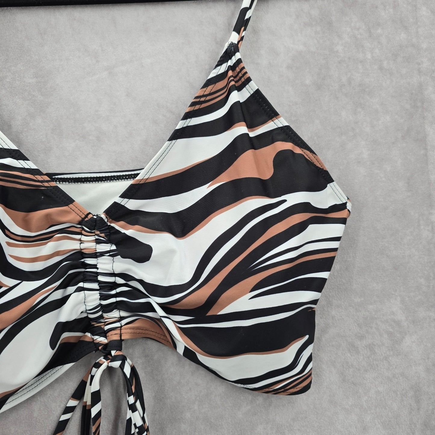 Shein Black Brown Striped Bikini Top Padded Adjustable Strap Swimwear 2XL
