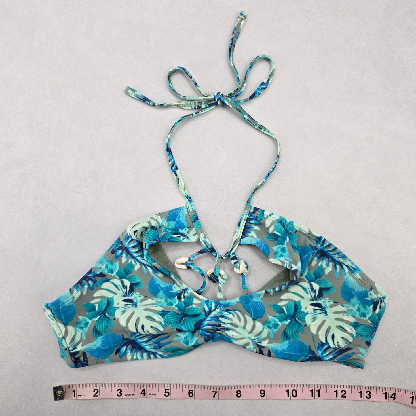 Reel Legends Blue Tropical Shell Tie Swim Sports Bra Beach Bikini Top M Medium
