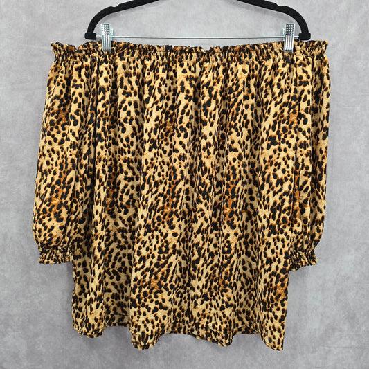 Cato Brown Black Print Smock Off Shoulder Retro Blouse Top Shirt Plus 18/20W 1X