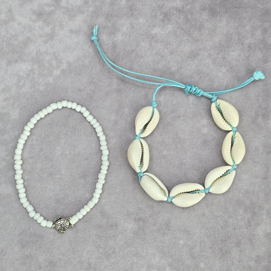 Shell Turtle White Blue Bead Stack String Stretch Bracelet Fashion Jewelry