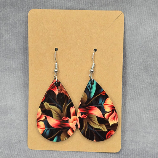 Black Teardrop Floral Hook Handmade Earrings #JB1E5