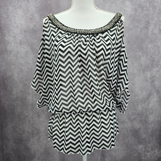 Studio Y Back White Chevron Beaded Sheer Cut Out Cold Shoulder Top XS