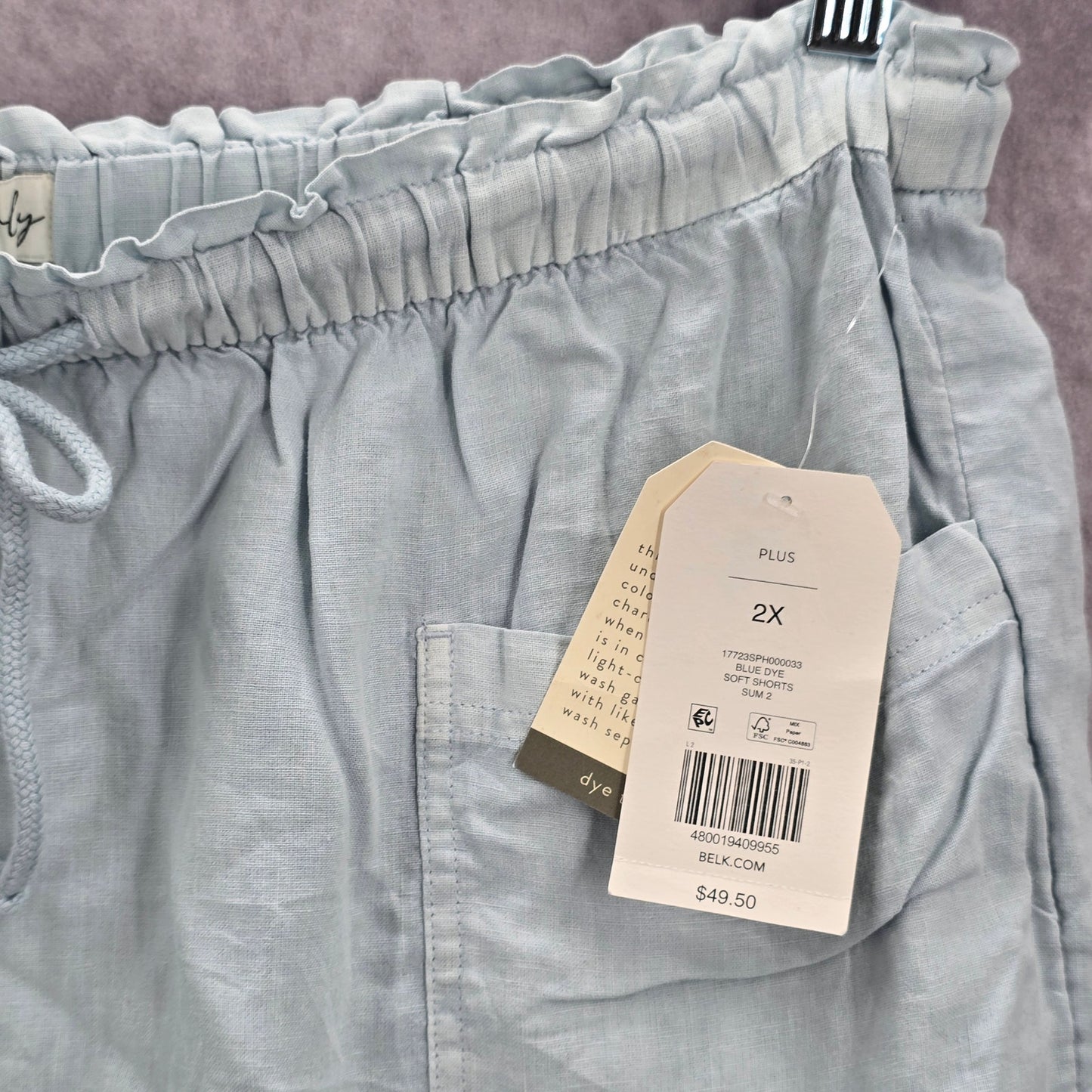 Wonderly Blue Pullon Ruffle Linen Relaxed Pants Shorts Plus 2X