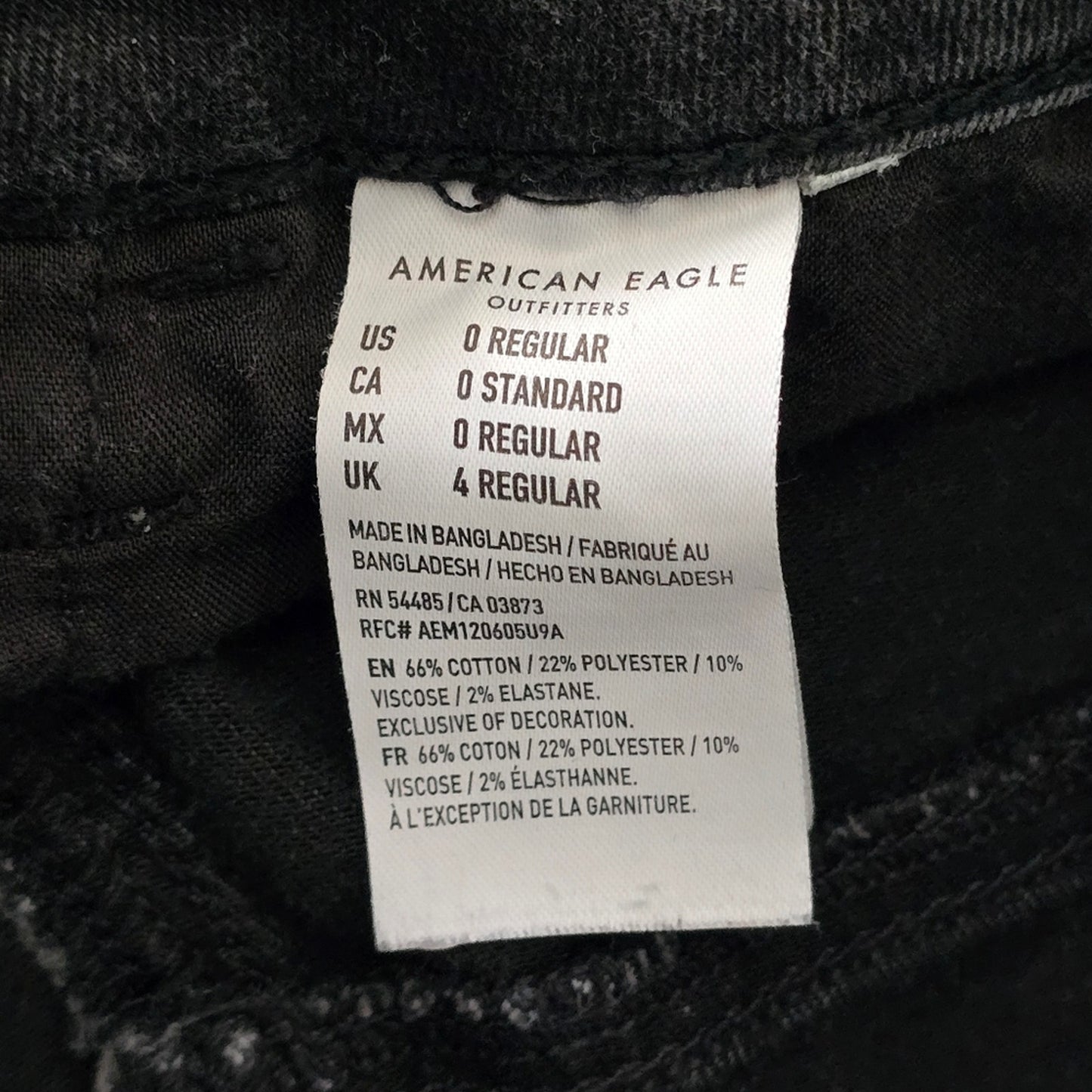064. American Eagle Black Skinny Denim Stretch Pants Jeans Juniors Girls Size 0R