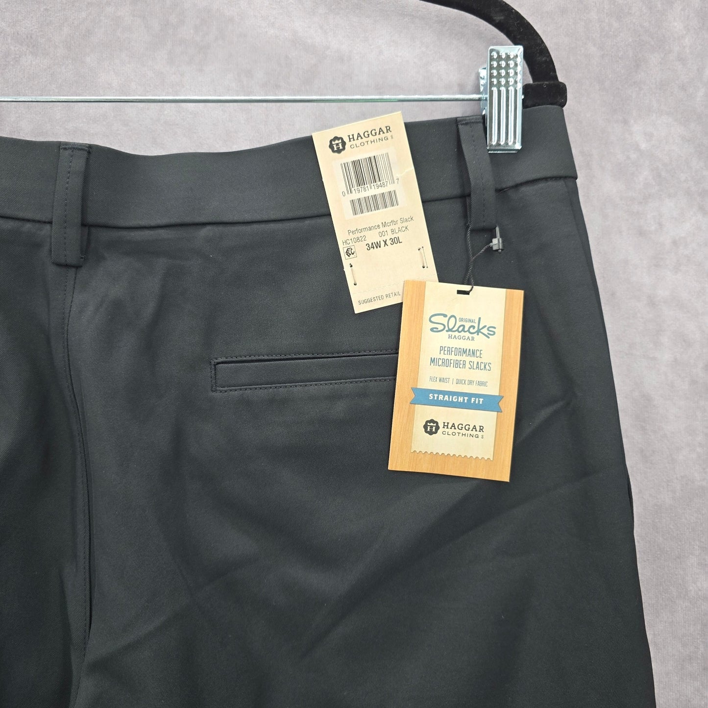 Haggar Black Performance Microfiber Slacks Dress Pant Plain Straight Fit 34Wx30L