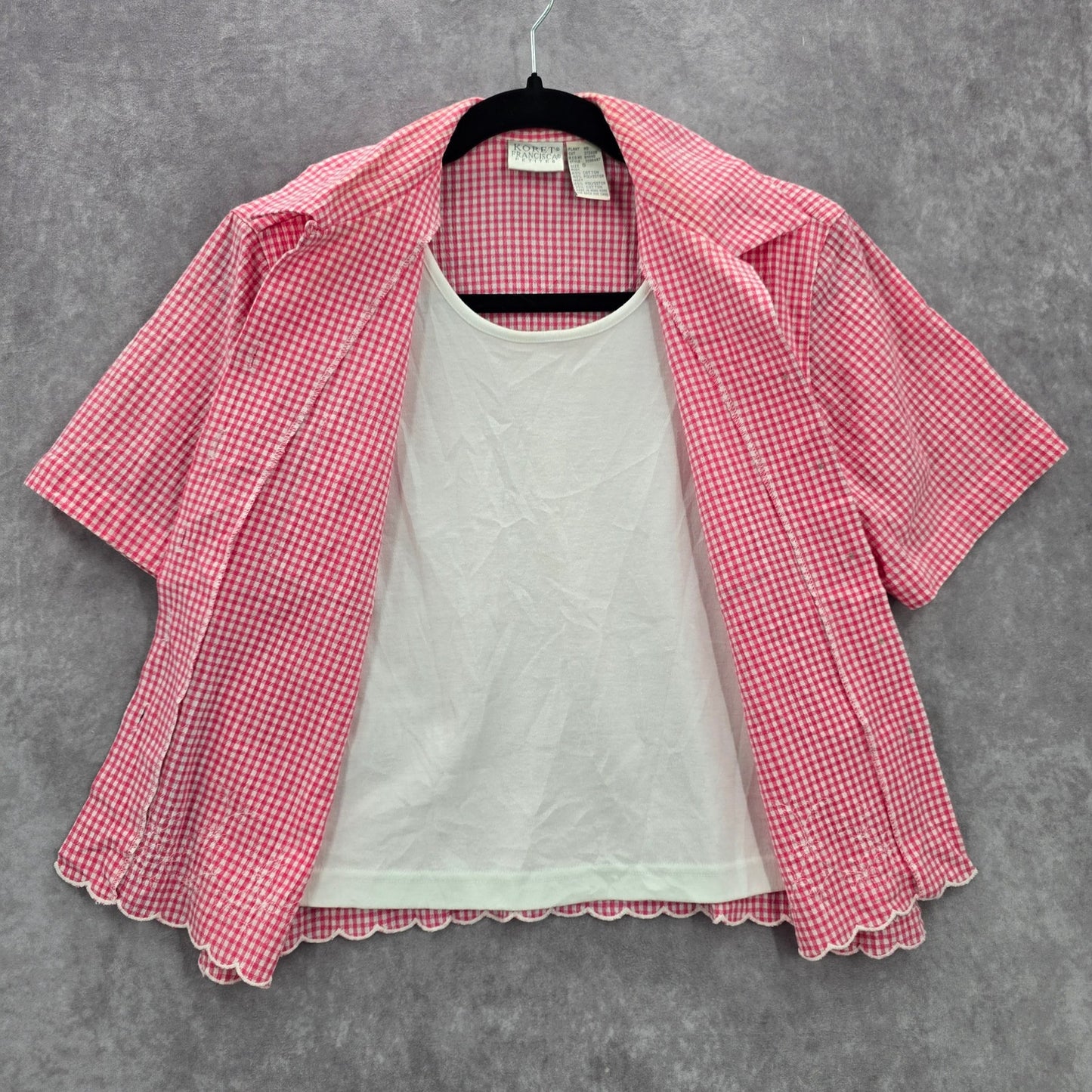Koret Pink Plaid Short Button VTG Y2K Scallop Embroidered Floral Top Shirt