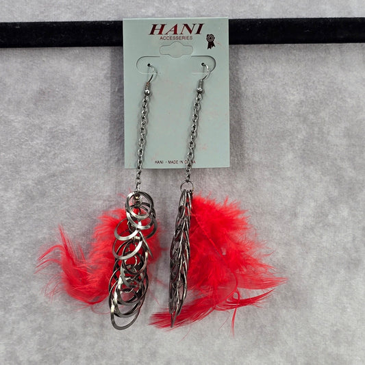 Red Feather Circle Chain Long Drop Dangle Fashion Jewelry Earrings NWT JB2-91