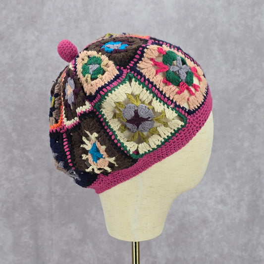 Mossimo Floral Crochet Knit Beret Beanie Vintage Y2K Bucket Cottage Pom Pom Hat