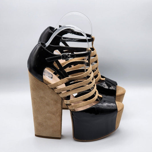 DV8 Dolce Vita Harleta Suede Nude Black Heels Open Toe Retro Strappy Shoes 7.5