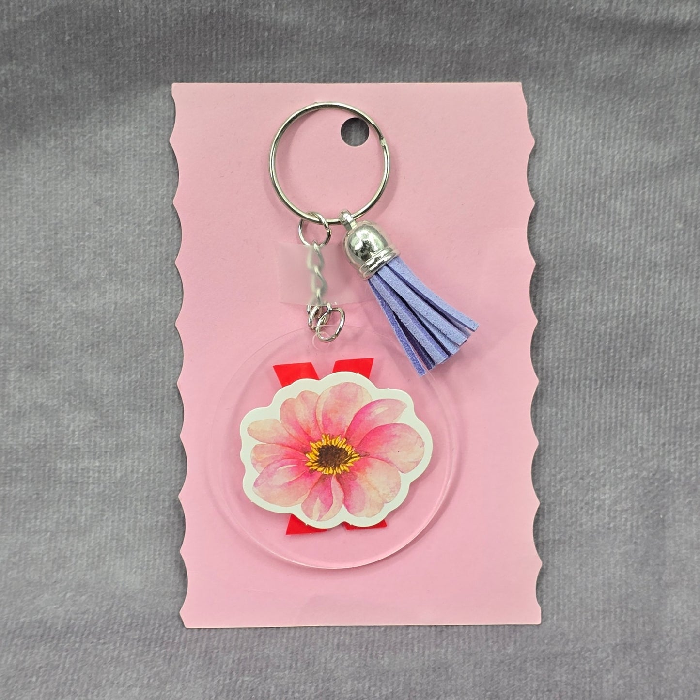 Letter Keychain Clear Silver Circle Handmade Acrylic Tassel Flower X Purple