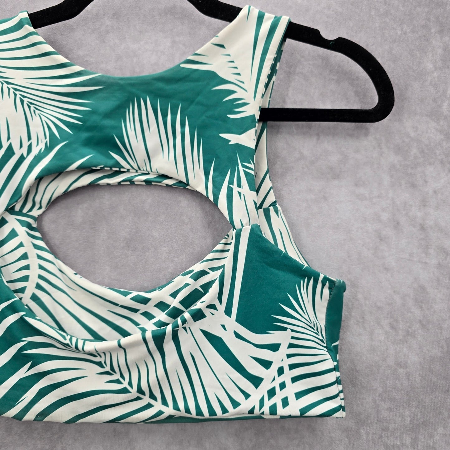 Green White Tropical Leaf Cutout Padded Bikini Top Swimwear Medium