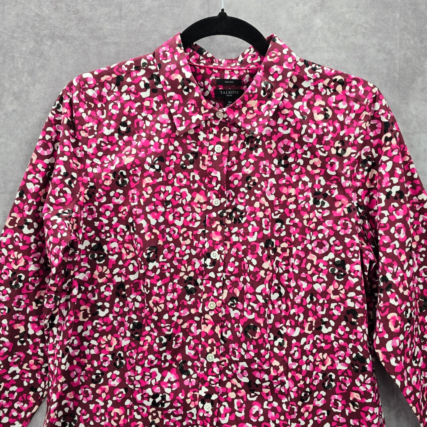 Talbots Pink Animal Print Long Sleeve Button Blouse Top Shirt Petite Cotton 12P