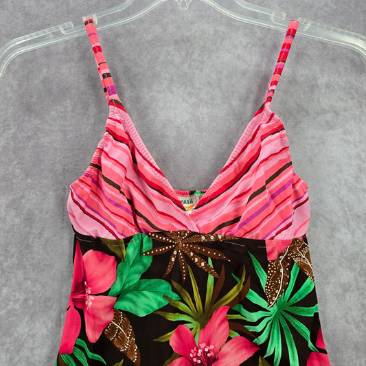 Papaya Pink Floral Vintage Sleeveless Y2K Padded Swimwear Tankini Dress S Small