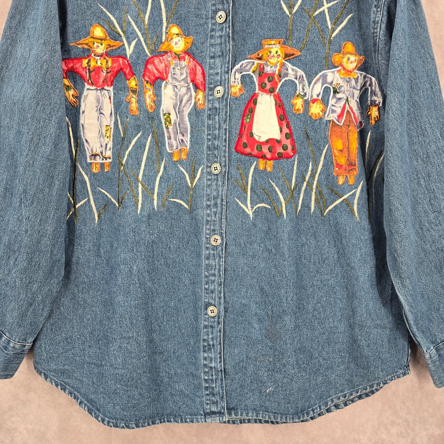 DressBarn Blue Embroidered Scarecrows VTG Button Y2K Cotton Denim Shirt L Large