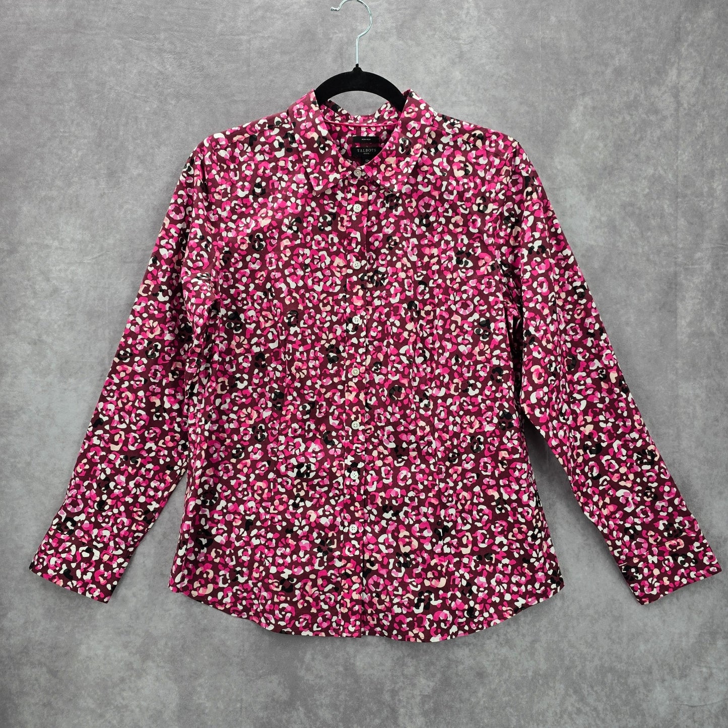 Talbots Pink Animal Print Long Sleeve Button Blouse Top Shirt Petite Cotton 12P