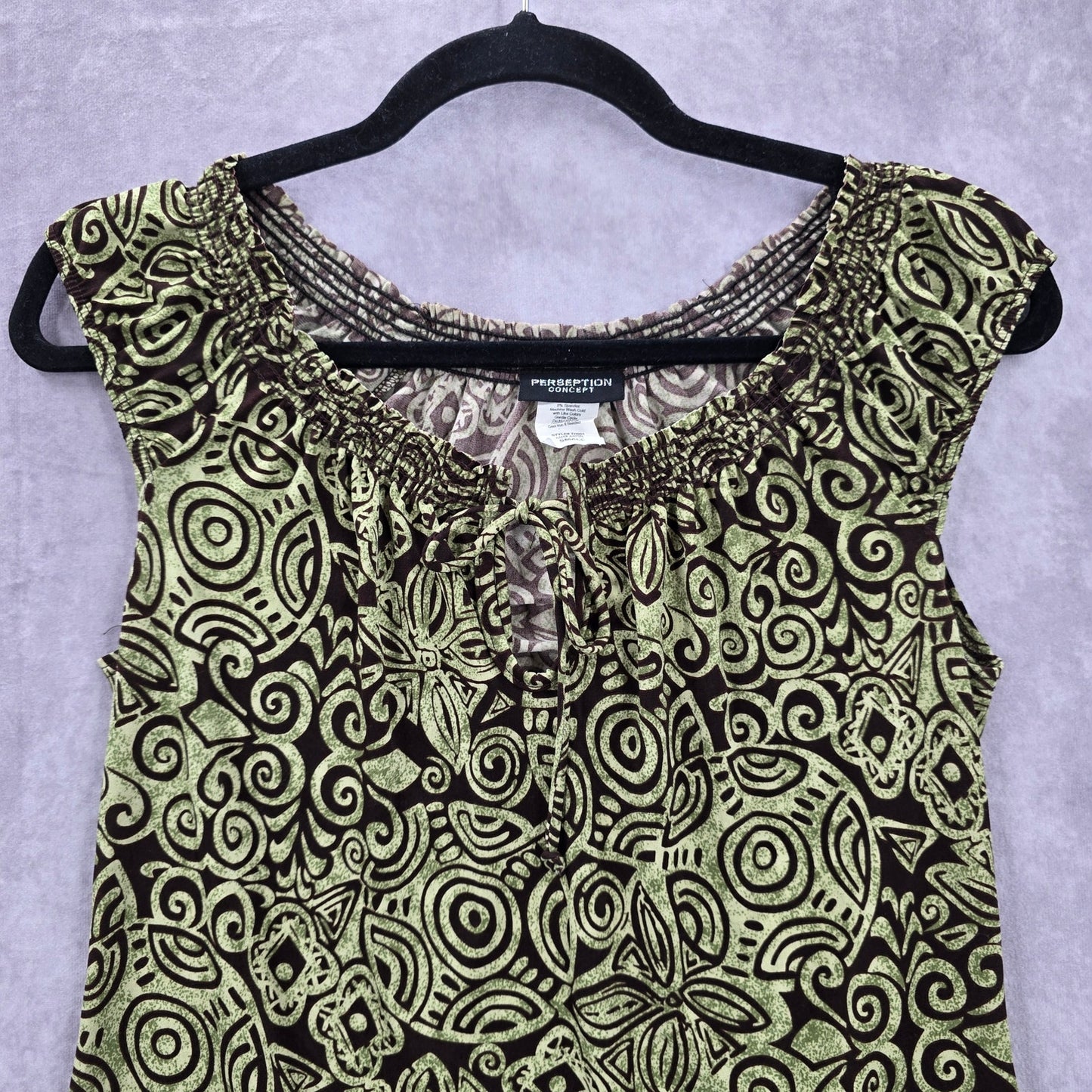 Perseption Concept Brown Green Floral Smock Sleeveless Paisley Swirl Top Small