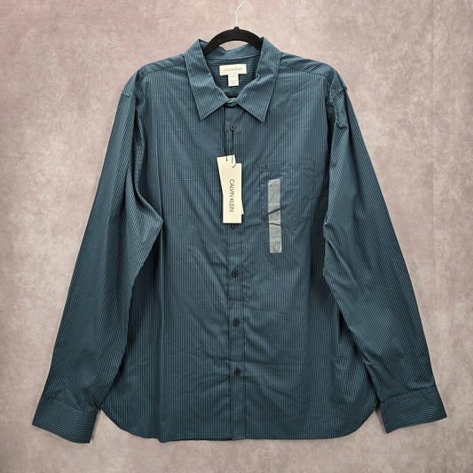 Calvin Klein Blue Stripe Button Down Mens Cotton Work Long Sleeve Shirt Top XL