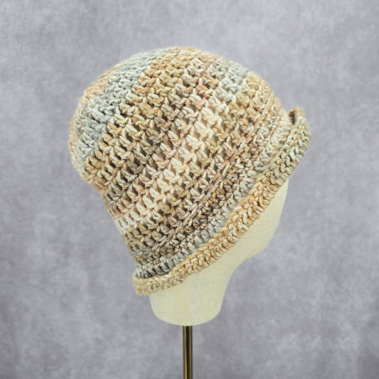 Cream Gray Crochet Knit Bucket Cap Hat Fun VTG Y2K Funky Beanie