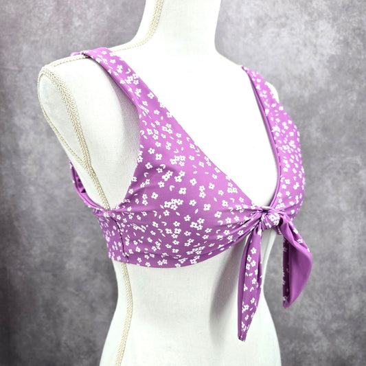 Purple White Floral Tie Front Padded Bikini Top Swimwear Medium