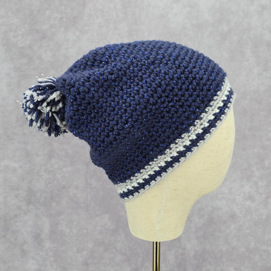 Navy Blue White Cable Pom Pom Bucket Knit Vintage Y2k Funky Beanie Crochet Hats
