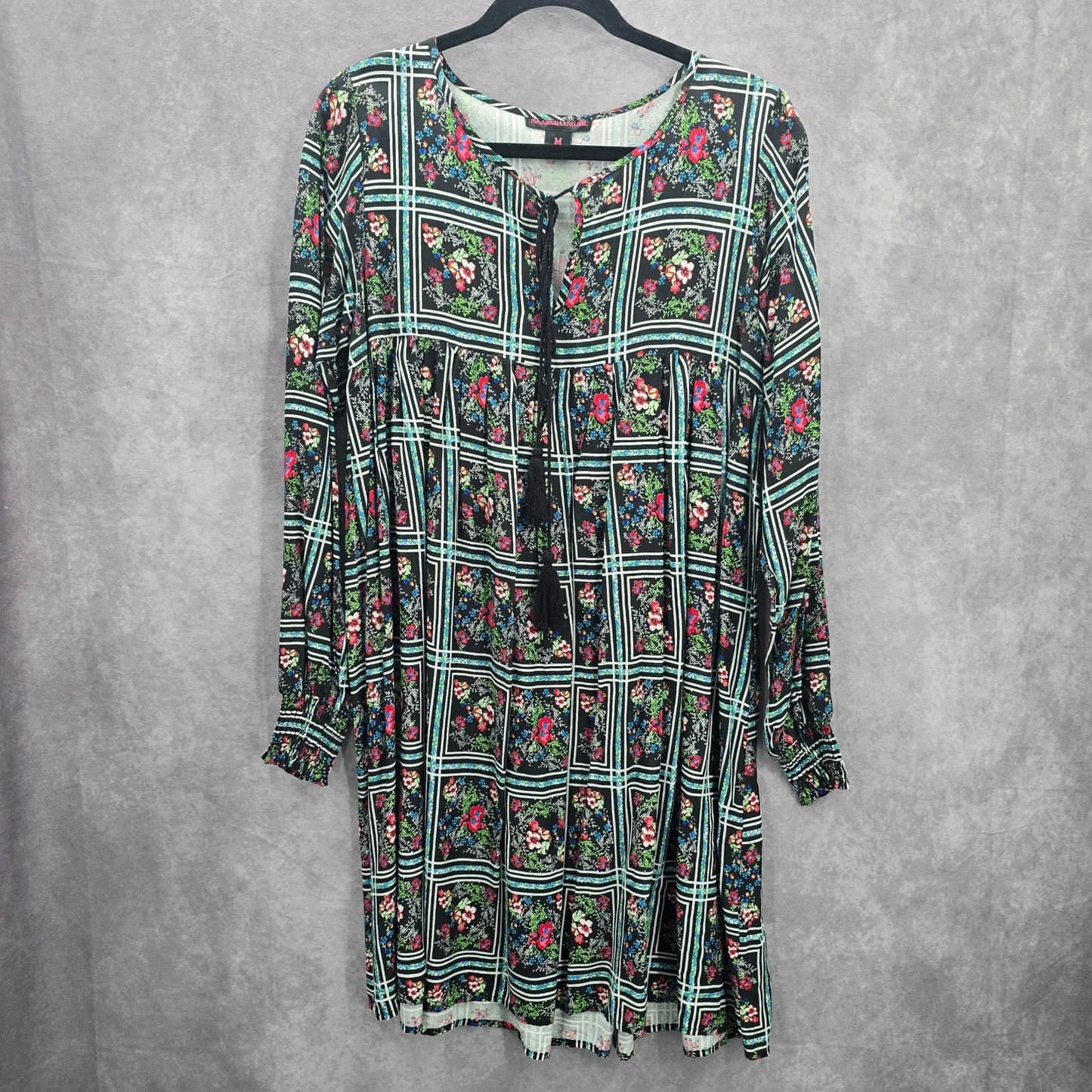 Rock & Roll Cowgirl Long Sleeve Black Floral Knee Length Western Dress Medium